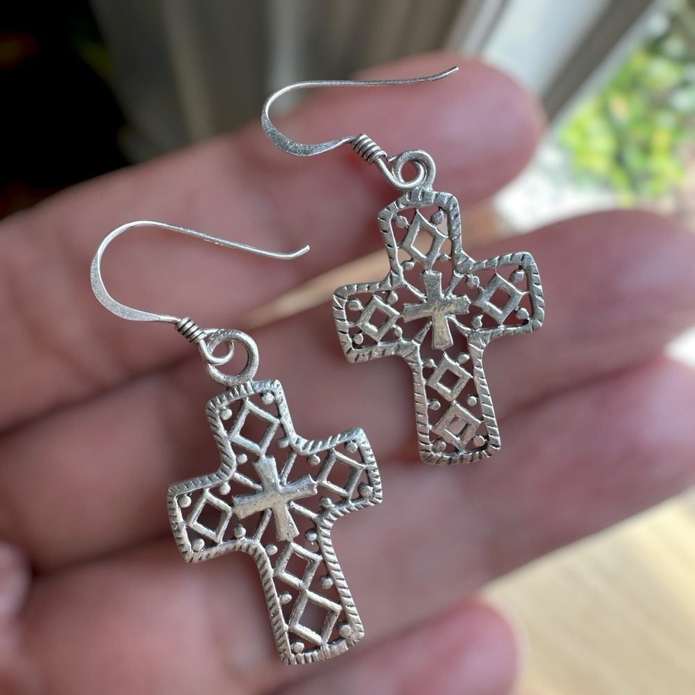 Vintage Hook Dangle Cross Earrings 1.5 Inch Openwork Filigreeโ 925 Sterling 3.4g